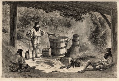 The manufacture of rakiou, cereal alcohol, sort of schnapps very common in Romania. Engraving to illustrate the voyage from Paris to Bucharest, by Lancelot, draftsman, in 1860, published in Le tour du monde, nouveau journal des voyages, under the direction by Dieudonne Auguste Lancelot