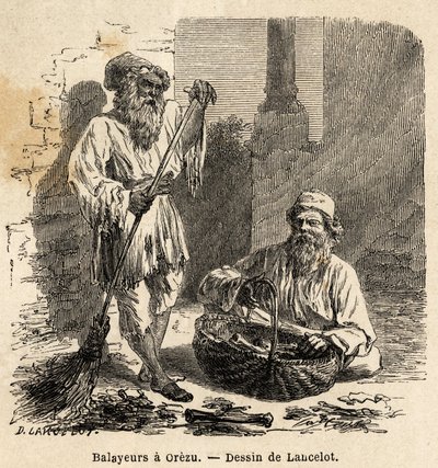 The sweepers in Orezu (Romania). Engraving to illustrate the voyage from Paris to Bucharest, by Lancelot, draftsman, in 1860, published in Le tour du monde, nouveau journal des voyages, under the direction of Edouard Charton by Dieudonne Auguste Lancelot