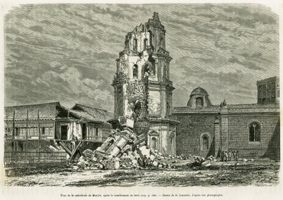 Tower of the Cathedral of Manila, After the Earthquake on July 18, 1880. Engraving by Lancelot to Illustrate the Story 