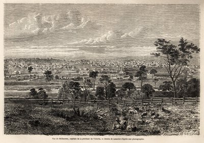 View of Melbourne (Australia), drawing by Lancelot, to illustrate the memories of a French squatter in Australia, in 1854-1859, by M. de Castella. Engraving in 