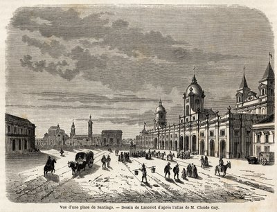 View of a square in Santiago, drawing by Lancelot, to illustrate the journey to South America, in 1823, by Giovanni Mastai Ferretti. Engraving in 