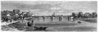 View of the bridge over the Suzhou River near Shanghai in 1860, China. Engraving by Lancelot, in Le Tour du Monde, Nouveau journal des Voyages, edited by Edouard Charton, Paris by Dieudonne Auguste Lancelot