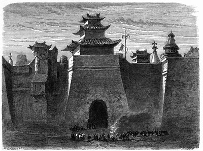 Walls and Gate of Beijing, China. Engraving by Lancelot, in Le Tour du Monde, Nouveau Journal des Voyages, Edited by Edouard Charton, Paris by Dieudonne Auguste Lancelot
