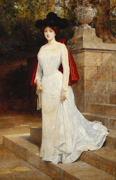Portrait of a Lady, Standing Full Length, Wearing a Cream Dress and a Red Cloak by Diogene Ulysse Napoleon Maillart