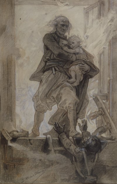 The Marquis of Lantenac saving a child, illustration from Quatre-vingt-treize by Victor Hugo by Diogene Ulysse Napoleon Maillart