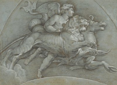 A Winged Putto Riding a Sea Horse and a Lion after Raphael by Dionisio Calvaert