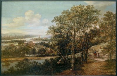 Wide River Landscape with a Rider and Other Figures in the Foreground by Dionys Verburg