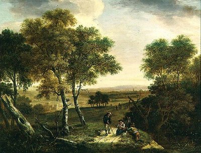 An Extensive Wooded Landscape with Peasants by a Path, a Town Beyond by Dionys Verburgh