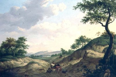 A wooded landscape with herdsmen and animals on a rock by Dionys van Dongen