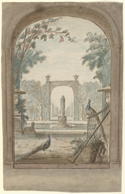 Design for a Room Painting with View through a Fence to a Garden, Peacocks, and Garden Tools by Dionys van Nijmegen (possibly)