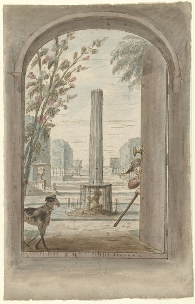 Design for a Room Painting with a View Through an Open Door into a Garden with a Fountain by Dionys van Nijmegen