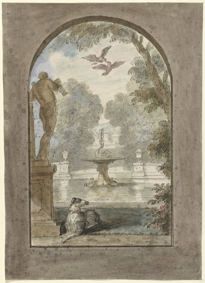 Design for a Room Painting with View into a Garden with Lying Dog, Fountain, and Statue by Dionys van Nijmegen