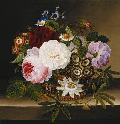 A basket of flowers with a tazza on a wooden ledge