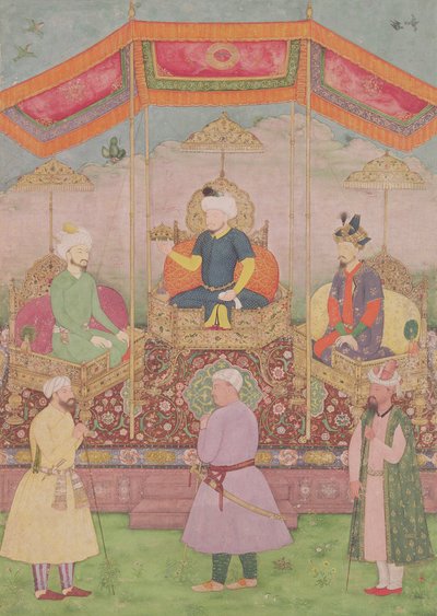 Mughal Emperor Babur and his son, Humayan, Indian miniature from Rajasthan, 16th century by Dip Chand
