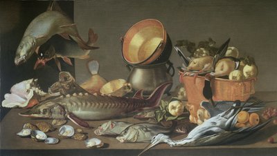 A Still Life of a Sturgeon and other Fish, Ducks and a Heron by Dirck Govertsz