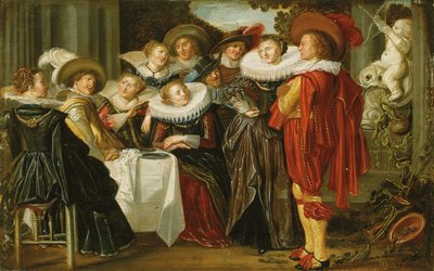 An elegant company lunching on a terrace by Dirck Hals