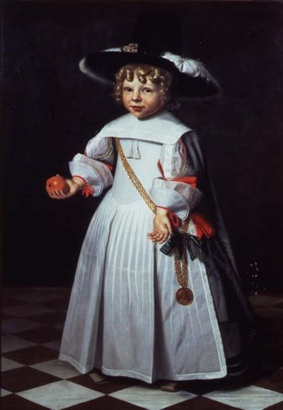 Portrait of a young child holding an orange by Dirck Santvoort