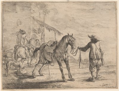 A Pissing Horse Held by a Man by Dirck Stoop