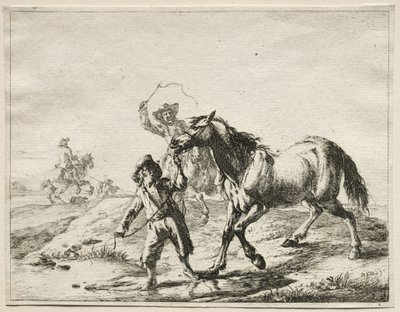 A boy taking a horse to drink by Dirck Stoop