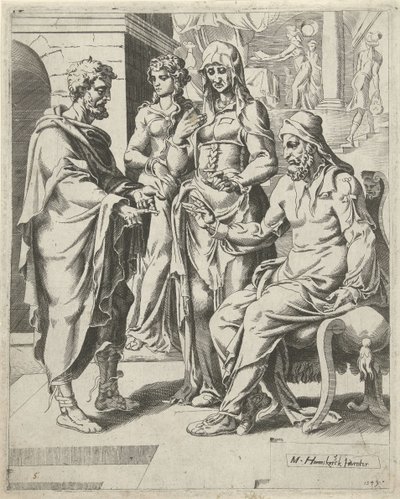Eliezer Tells Laban His Purpose by Dirck Volckertsz. Coornhert (attributed to)