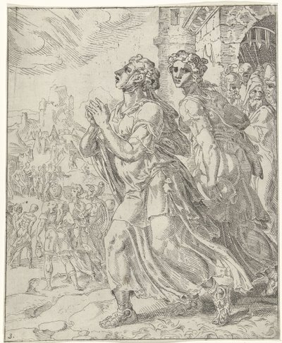 Judith and Her Maid Leaving Bethulia (series title: Judith and Holofernes) by Dirck Volckertsz. Coornhert (attributed to)