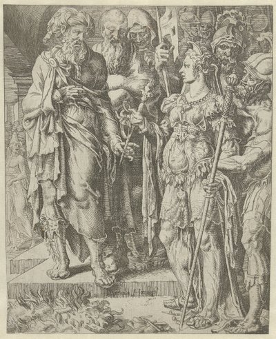 Tamar Shows the Pledge (series title: History of Judah and Tamar) by Dirck Volckertsz. Coornhert (attributed to)