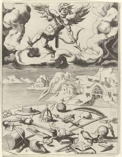 Sensual love overcomes earthly occupations (series title: Triumphs of Petrarch) by Dirck Volckertsz. Coornhert (possibly)