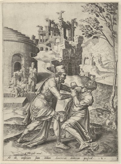 Fight Between the Unforgiving Servant and a Debtor by Dirck Volckertsz. Coornhert
