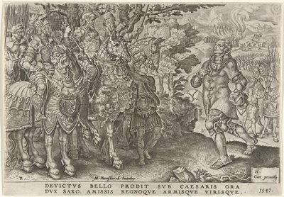 Surrender of the Duke of Saxony on the Battlefield of Mühlberg, 1547 Victories of Charles V (series title) by Dirck Volckertsz. Coornhert