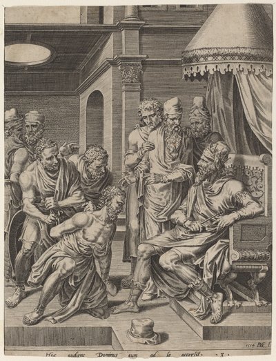 The Unmerciful Servant Brought before the King by Dirck Volckertz Coornhert, after Maerten van Heemskerck