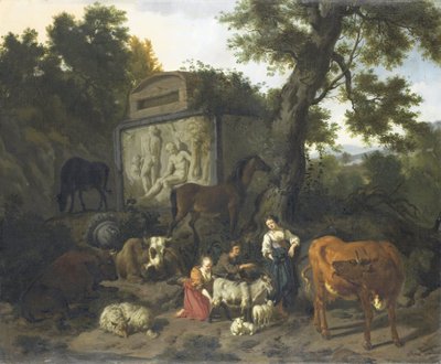 Landscape with Herdsmen and Cattle near a Tomb by Dirck van Bergen