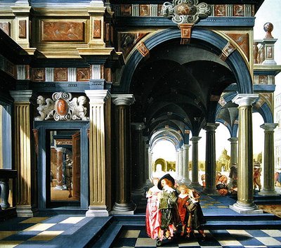 Elegant figures in a loggia by Dirck van Delen