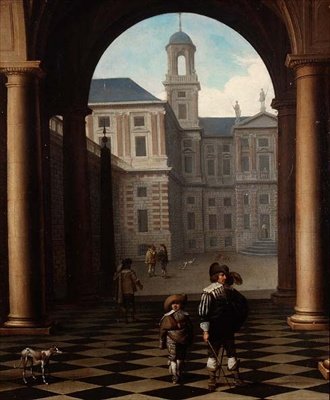 Elegant figures in a loggia at the entrance of a palace by Dirck van Delen