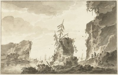 Rocky Coast with Ships and Fishermen by Dirk Kuipers