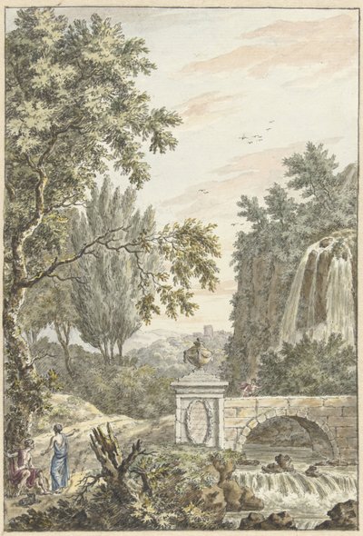 Arcadian Forest Landscape with a Waterfall, a Bridge, and Three Young Men by Dirk Versteegh