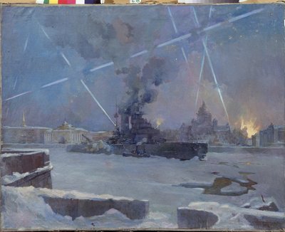 Heavy Artillery on the Neva in Leningrad (Saint Petersburg, Russia) in 1942. (A Battleship on the Frozen River Defends the Burning City Against Air Attacks During the Siege of Leningrad). Episode of the Second World War (1939-1945) by Dmitri Nikiforovich Martynov