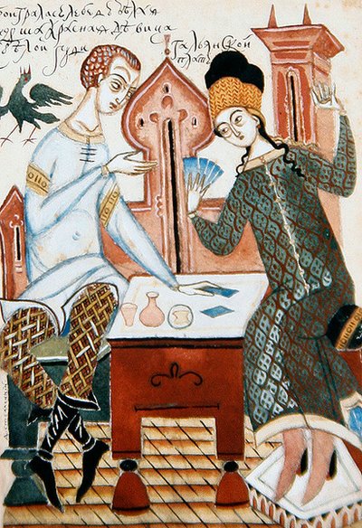 Painting from a set of four illustrations for a poem about courtship by Dmitry Stelletsky