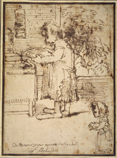 Caricature of the Aldobrandini theologian, with a female dwarf holding her dog by Domenichino