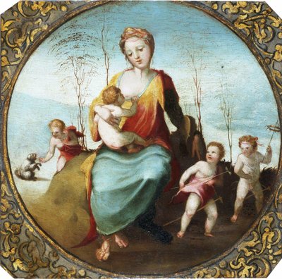 Charity Suckling a Child and Surrounded by Three Children Playing with a Dog and Hobby Horses by Domenico Beccafumi