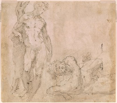Verso Male Nude Leaning Against a Tree Trunk and a Reclining Male Nude with Head Thrown Back, ca. 1530-1540 by Domenico Beccafumi