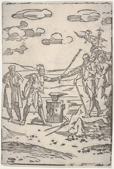 The Forger Standing by an Anvil Pulling a Man in Chains, from the Series The Various by Domenico di Pace Beccafumi  