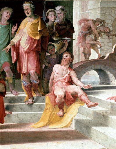 The sacrifice of Seleucos de Locres (Seleucus de Locride) Seleucos to blind his son, in order to punish him for a rape he had committed, preferred to lose one of his eyes. Fresco by Domenico di Giacomo di Pace dit Beccafumi (1486-1551) (detail). 1529-1535  by Domenico Beccafumi