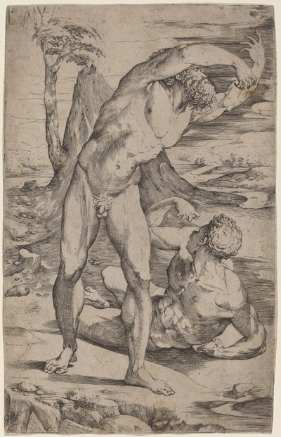 Two Male Nudes Gesturing in a Landscape by Domenico Beccafumi