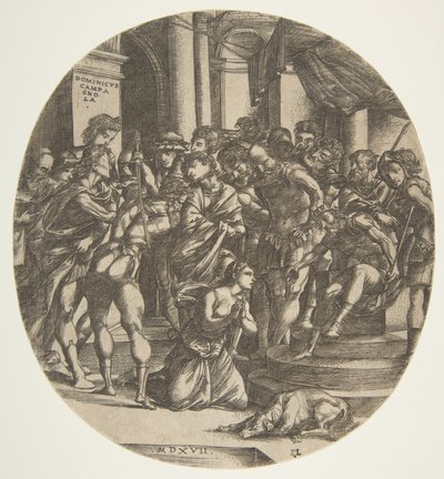 Female Figure Saint Catherine Kneeling on the Ground at Center Pleading to a Male Figure, 1517 by Domenico Campagnola