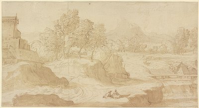 Figurative Landscape, Right a River with a Bridge near Mills, Two Seated Figures in the Foreground by Domenico Campagnola
