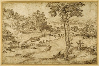 Landscape with a winding river by Domenico Campagnola
