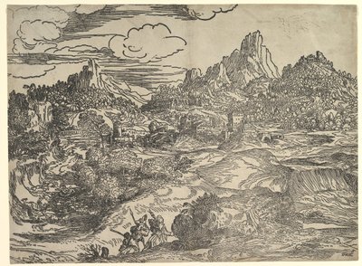 Landscape with Family Walking Together in the Foreground, at Left Two Figures by Domenico Campagnola