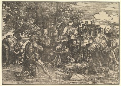 Mary Seated Beneath Trees with Baby, Flanked by Joseph at Left and St. Jerome at Right by Domenico Campagnola