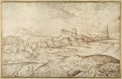 Mountainous Landscape with a River, and a Fortified Town with a Spired Tower by Domenico Campagnola