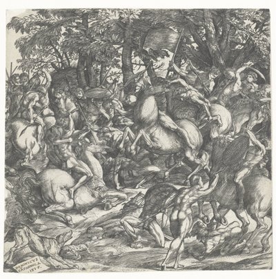 Naked Men with Spears on Horses in Battle by Domenico Campagnola